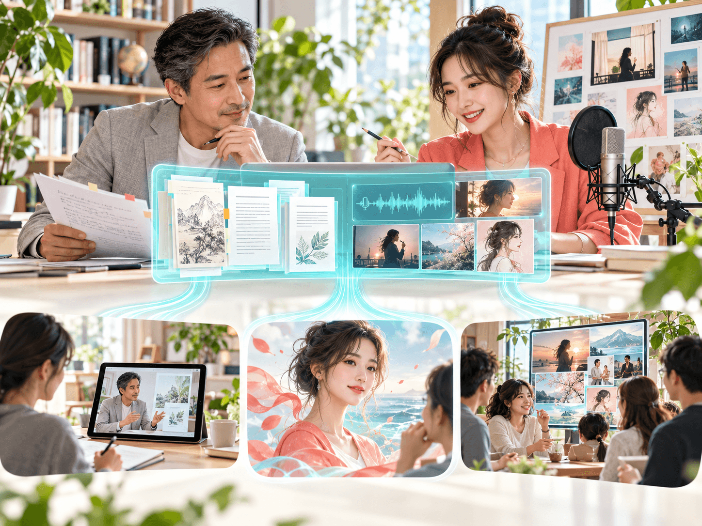 AI 共创概念视觉：创作者围绕图像、声音与视频协作